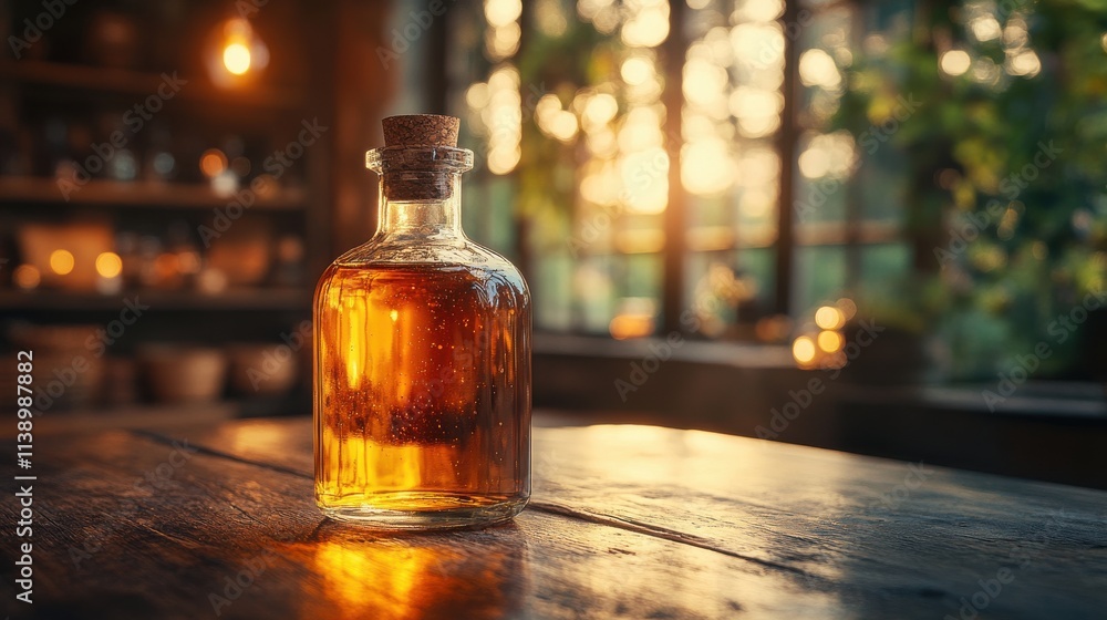 a bottle of liquid on a table