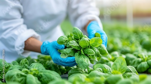 Harvesting fresh spinach in a greenhouse a sustainable farming practice photo