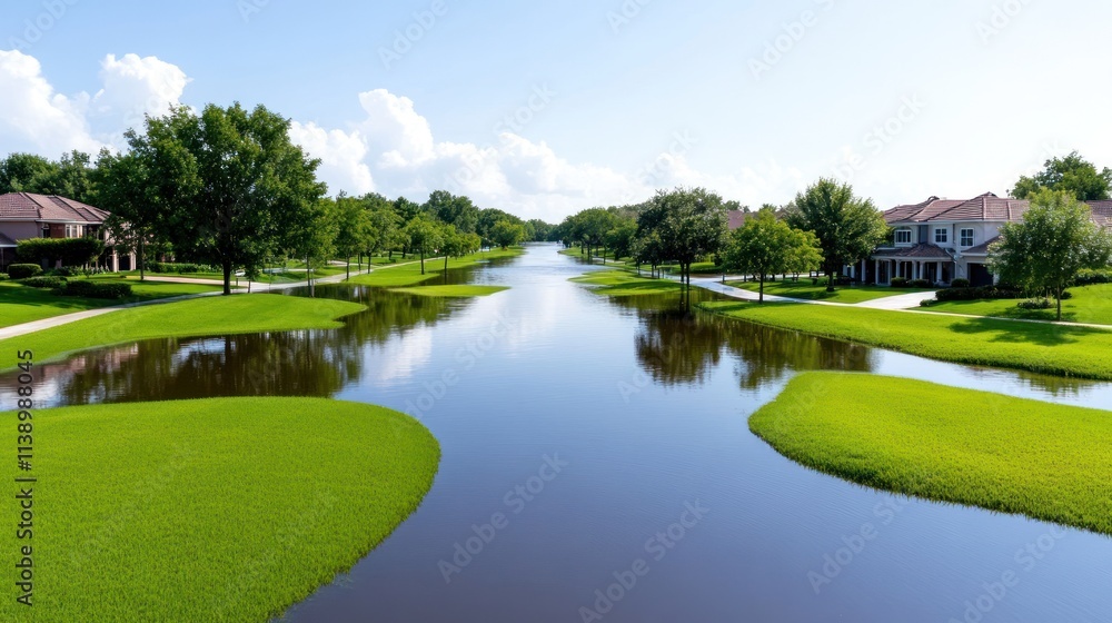 Fototapeta premium Serene waterway surrounded by lush greenery and residential homes.