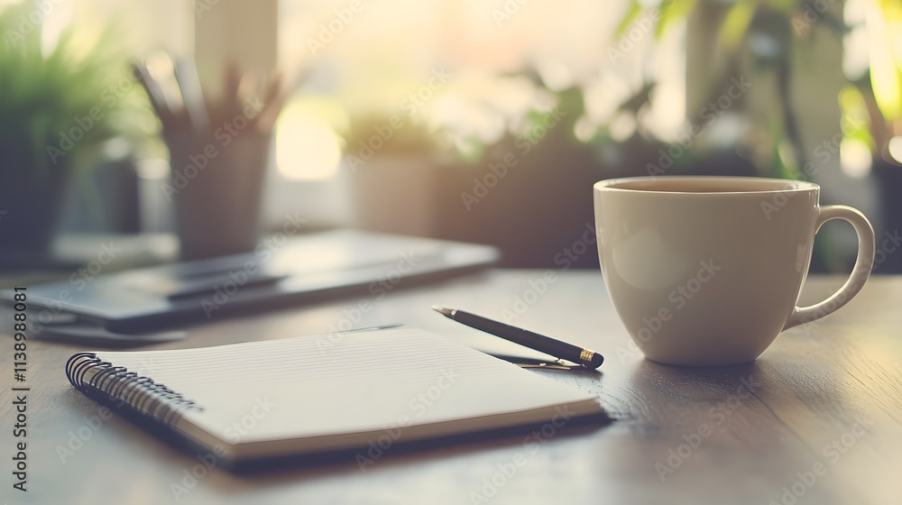Cozy Workspace Featuring Notebook Coffee and Pen Cozy Workspace Featuring Notebook Coffee and Pen