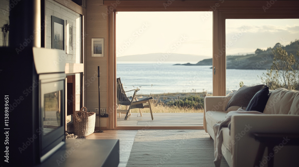 Fototapeta premium Coastal Beach House Interior: Tranquil Waterfront View