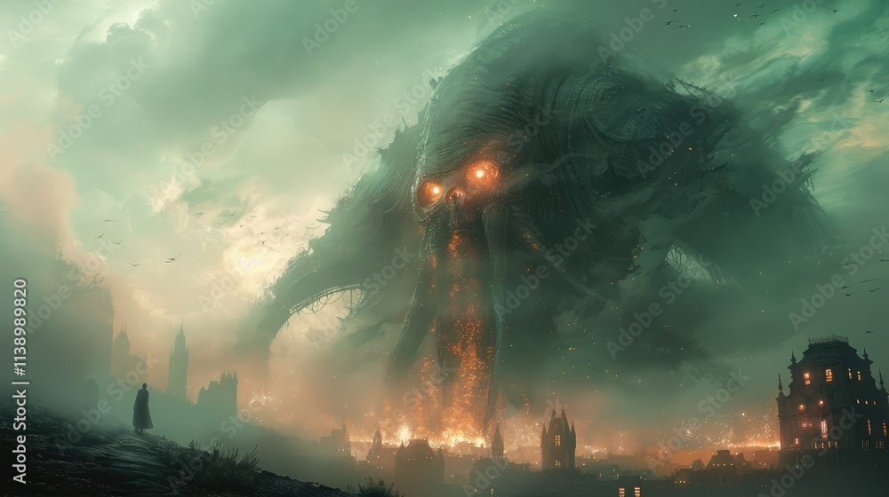 Fototapeta premium Gigantic monster attacks city, apocalyptic scene.