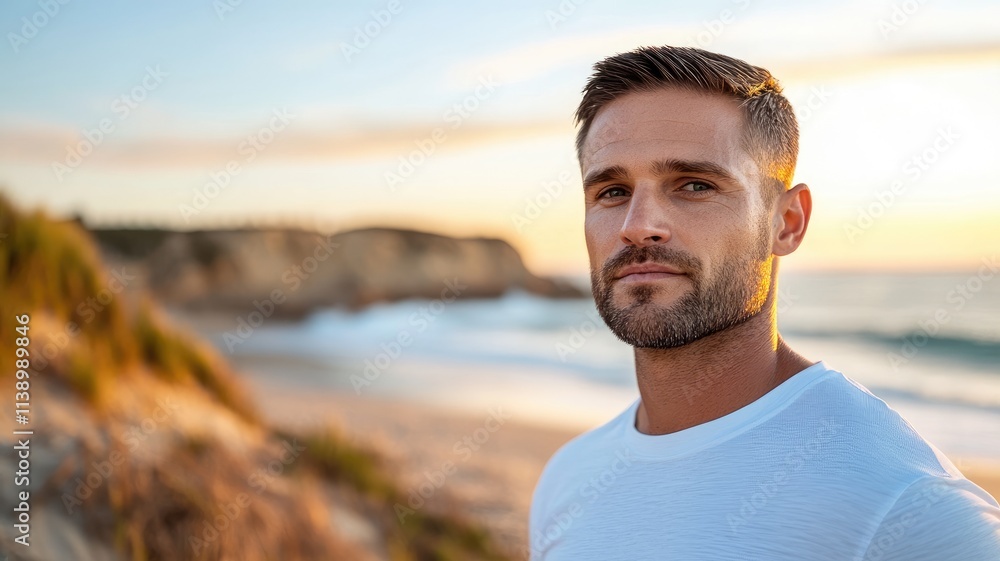 Caucasian man with beard at sunset beach, wearing white shirt, close-up Caucasian man with beard at sunset beach, wearing white shirt, close-up