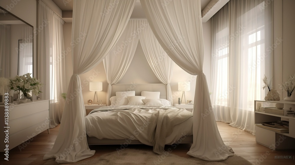 Fototapeta premium Serene Bedroom with White Bed Canopy