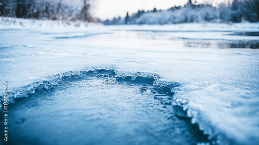 Frozen River Thawing: Ice Melting, Winter Stream, Blue Water, Snow, Background Frozen River Thawing: Ice Melting, Winter Stream, Blue Water, Snow, Background