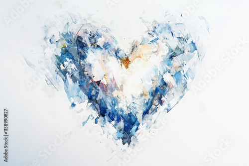 Abstract Watercolor Heart: Blue, White, and Beige Romantic Painting