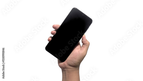 Hand holding a black smartphone with blank screen