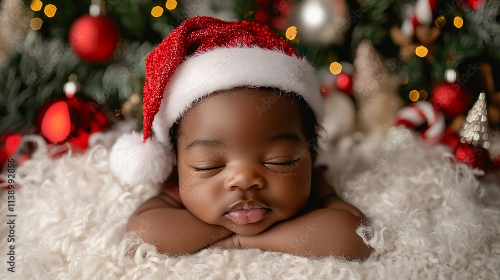 Sleeping newborn baby wearing Santa hat, Christmas decorations. Sleeping newborn baby wearing Santa hat, Christmas decorations.