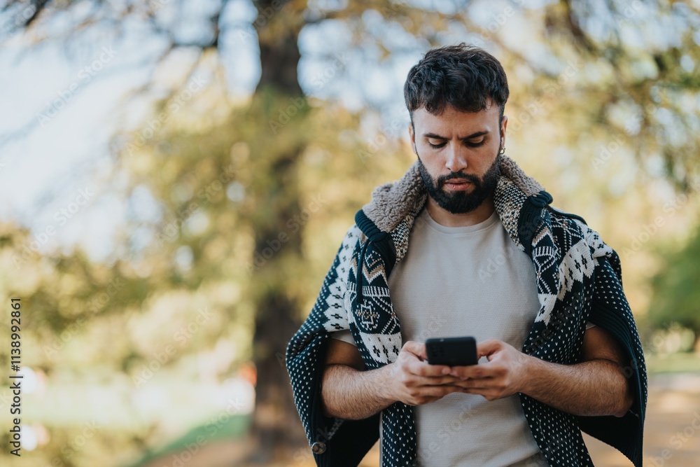 A man intently uses his smart phone while outdoors. He is wrapped in a stylish, warm shawl. The sunny day and natural setting create a peaceful and contemplative atmosphere. A man intently uses his smart phone while outdoors. He is wrapped in a stylish, warm shawl. The sunny day and natural setting create a peaceful and contemplative atmosphere.