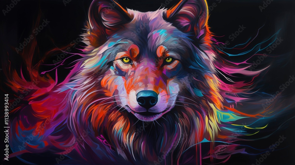 Wolf neon oil paintings thick brushstrokes Wolf neon oil paintings thick brushstrokes