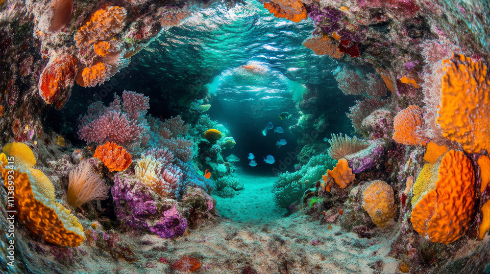 Vibrant Coral Reef Cave Underwater Ecosystem Photo Vibrant Coral Reef Cave Underwater Ecosystem Photo