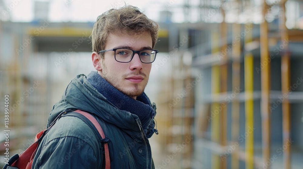 Young man with backpack, glasses, looking at camera, construction site background. Young man with backpack, glasses, looking at camera, construction site background.