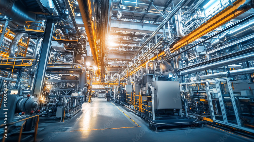 Fototapeta premium Industrial Factory Interior: Machinery, Pipes, and Metal Structures