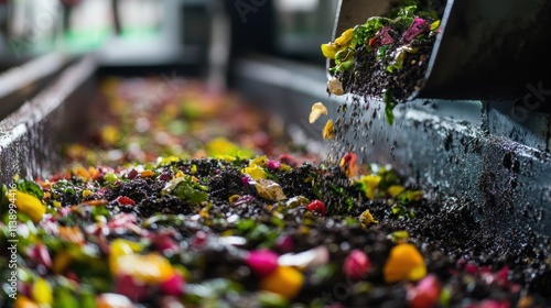 A closeup photograph of soil amendments being mixed in a facility where organic waste is transformed into compost demonstrating the closedloop system of nutrient cycling in agriculture. photo