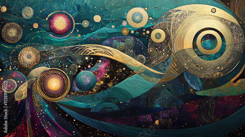 Cosmic Tapestry: Jewel Tones, Celestial Motifs, Surreal Universe Painting
