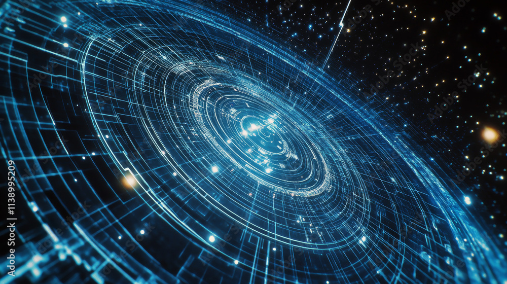 Space Navigation System: Cosmic Network, Digital Galaxy, 3D Rendering, Blue Hues Space Navigation System: Cosmic Network, Digital Galaxy, 3D Rendering, Blue Hues
