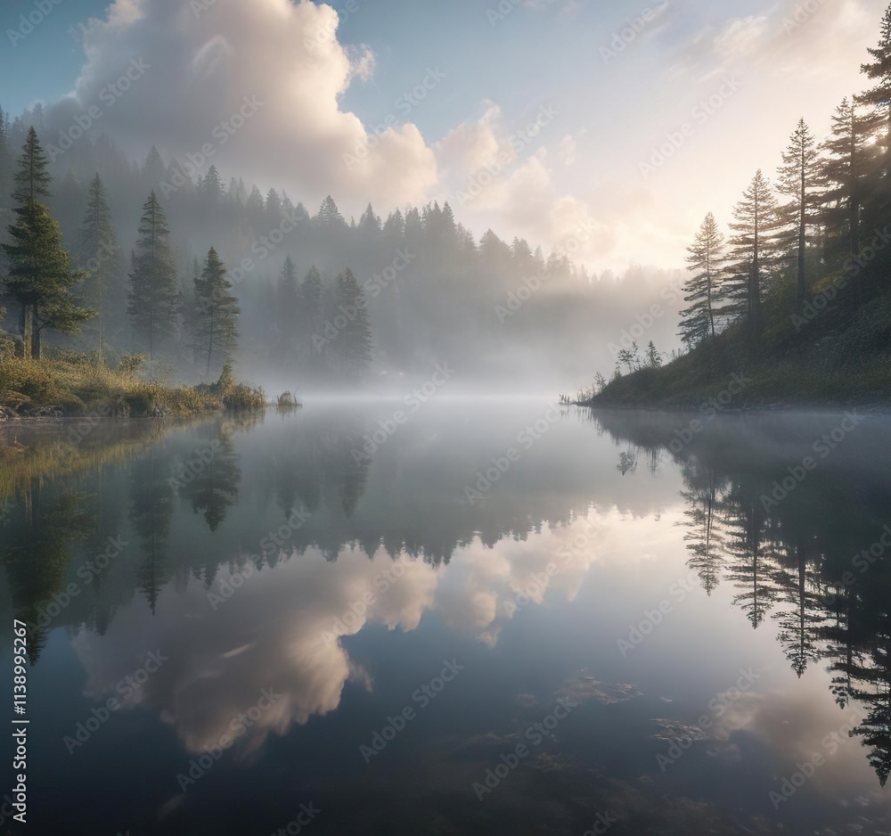 Morning fog rolls in over a still lake with cloud reflections , fog, reflective Morning fog rolls in over a still lake with cloud reflections , fog, reflective