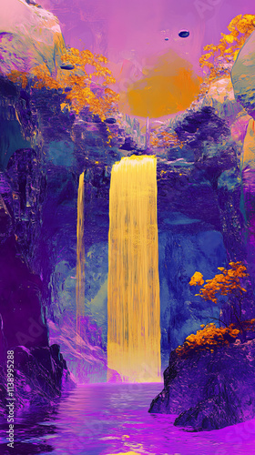 Terraformed Jupiter Waterfall, Purple and Yellow Hues, Art Nouveau, Vivid Colors, Alien Landscape
