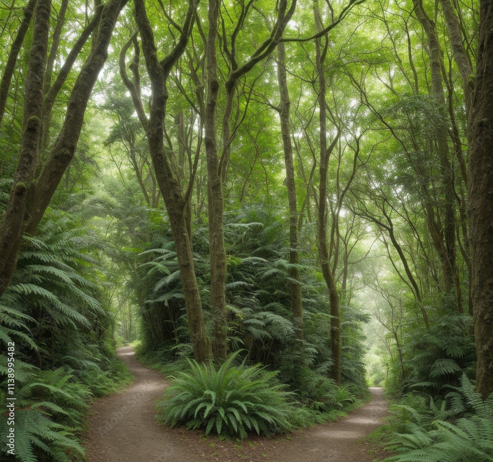A serene forest path diverging into two trails surrounded by lush greenery. A serene forest path diverging into two trails surrounded by lush greenery.