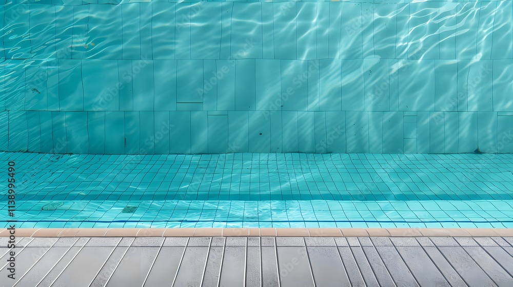 Obraz premium Blue swimming pool with tiled bottom and side, viewed from a gray deck.