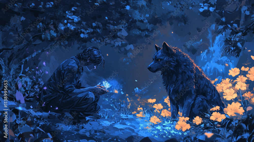 Fototapeta premium Night Forest Encounter: Woman, Wolf, and Glowing Flowers
