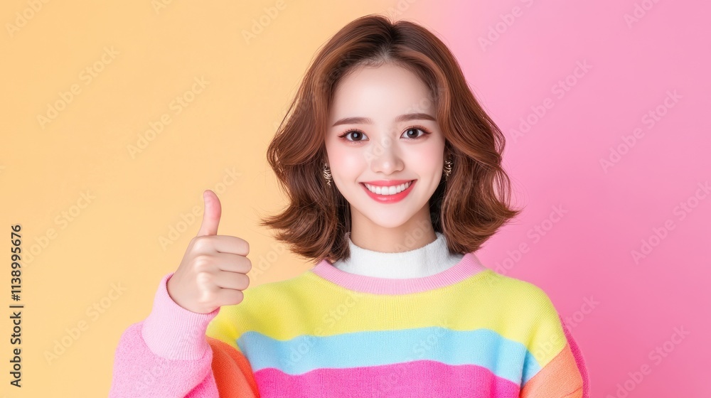 A smiling young woman giving a thumbs up against a colorful background. A smiling young woman giving a thumbs up against a colorful background.