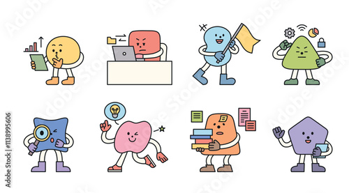 Cute geometric characters. Busy working in the office. An illustration featuring business people in an office.