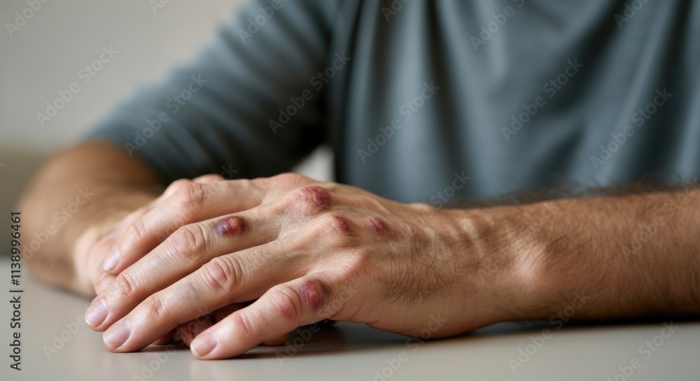 Close-up of male hands with knuckle bruises, resting on table Close-up of male hands with knuckle bruises, resting on table