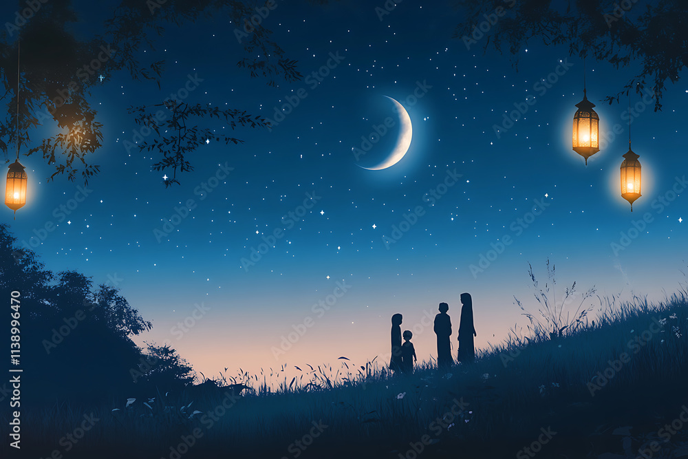 Family Gazing at the Crescent Moon A Blessed Night of Togetherness and Hope Family Gazing at the Crescent Moon A Blessed Night of Togetherness and Hope