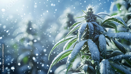 Buds on Marijuana plants covered with a dusting of snow in a blizzard. Background for Christmas or winter Marijuana advertisement.