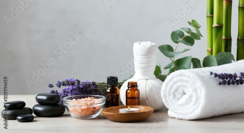 Spa items including massage stones, essential oils, towels, and candles
