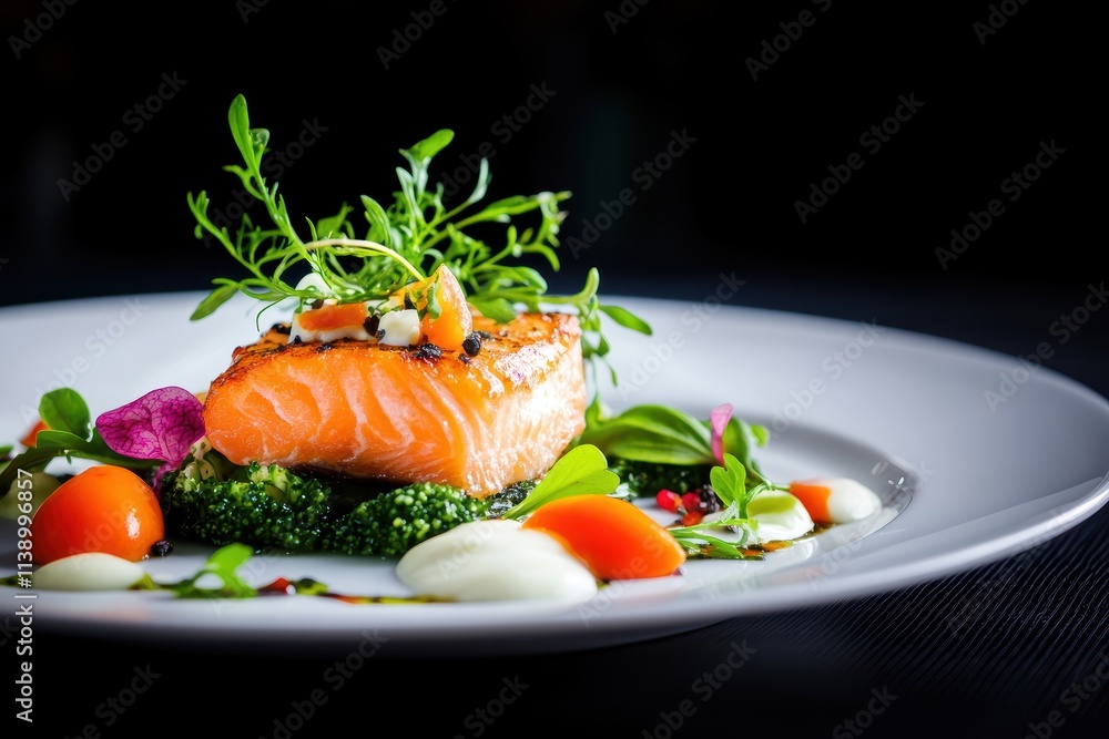Grilled Salmon Fillet with Fresh Vegetables and Herbs on Plate Grilled Salmon Fillet with Fresh Vegetables and Herbs on Plate
