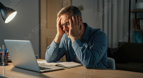 Tired Caucasian man sitting at desk with laptop, stressed