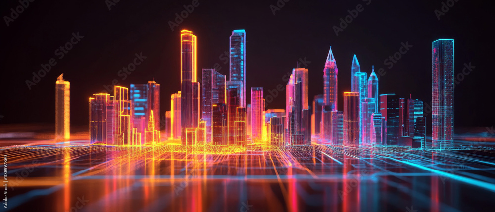 Neon Cityscape: Futuristic Skyline, 3D Rendering, AI Art Neon Cityscape: Futuristic Skyline, 3D Rendering, AI Art