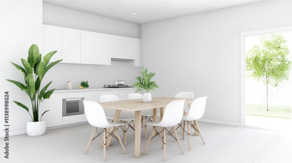 Modern kitchen and dining area with plants and a wooden table. Modern kitchen and dining area with plants and a wooden table.