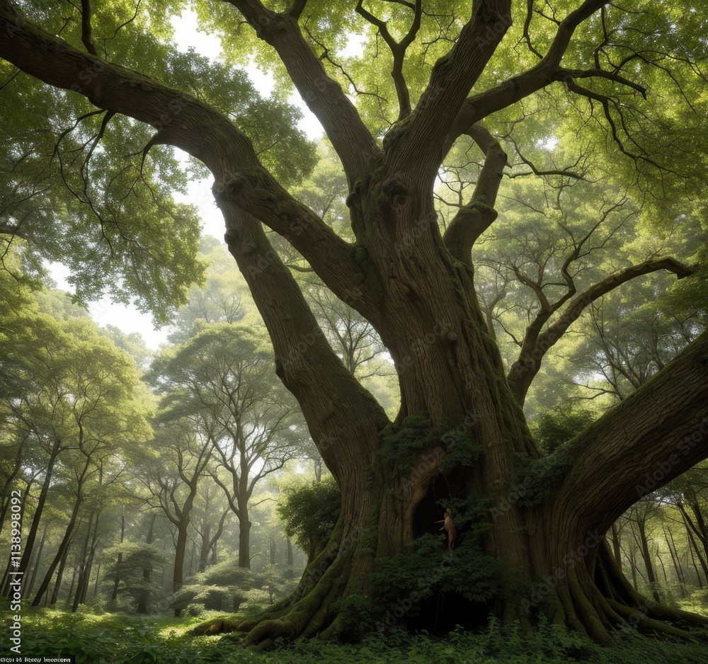A majestic tree stands in a lush forest, showcasing nature's beauty and tranquility.