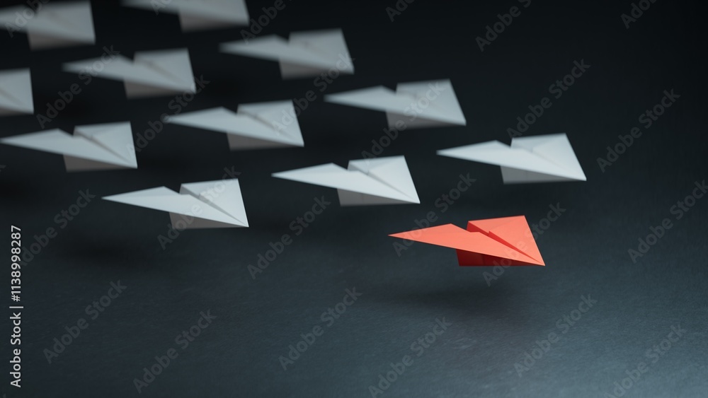 Different business concept.new ideas. paper art style. creative idea.Leaderplane concept, black leader plane leading white planes.3D rendering on black background. Different business concept.new ideas. paper art style. creative idea.Leaderplane concept, black leader plane leading white planes.3D rendering on black background.