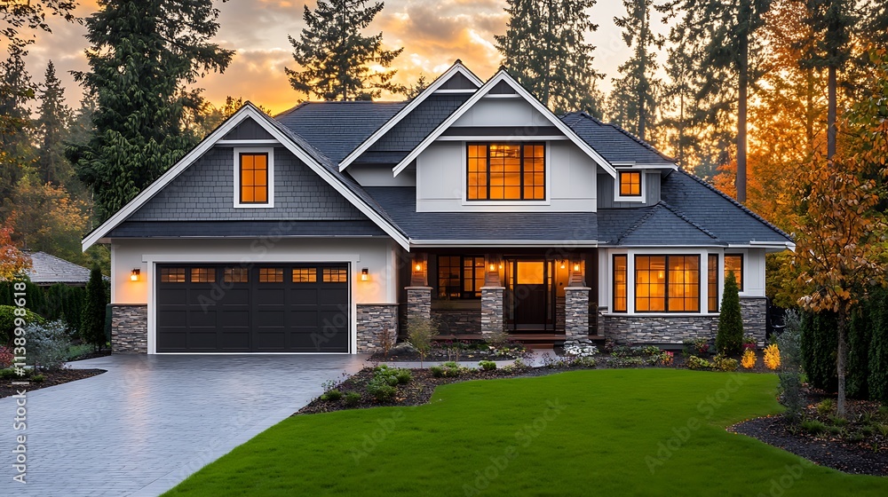 Modern Farmhouse Exterior at Sunset. Dream Home, Luxury, and Real Estate. Modern Farmhouse Exterior at Sunset. Dream Home, Luxury, and Real Estate.