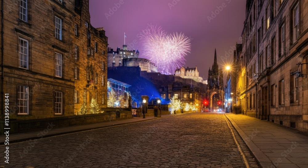 Obraz premium Fireworks over historic castle viewed from cobblestone street at night