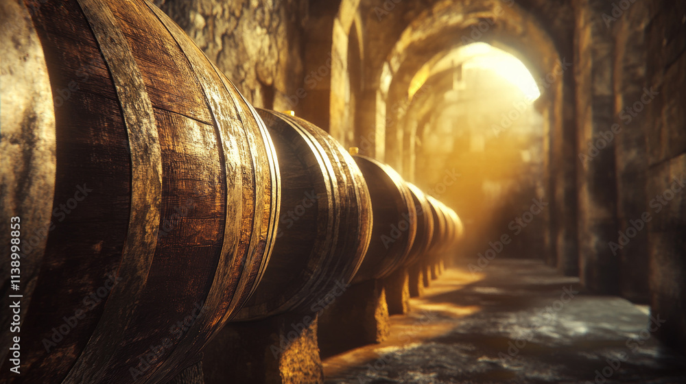 Aged Wine Barrels in Historic Cellar: Golden Light, Warm Tones, and Rustic Charm Aged Wine Barrels in Historic Cellar: Golden Light, Warm Tones, and Rustic Charm