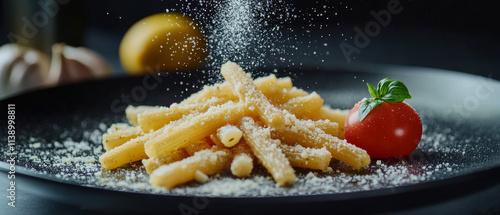 Strozzapreti Pasta, Pesto, Parmesan, Cherry Tomato, Food Photography photo