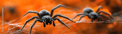 Discover playful spiders in a festive web, perfect for Halloween decorations These arachnids create a spooky yet fun atmosphere Use them for your festive Halloween displays The spiders are a great photo