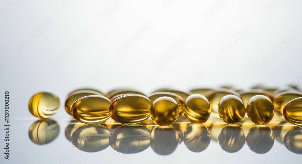 Clear capsules with golden liquid reflecting on smooth surface Clear capsules with golden liquid reflecting on smooth surface