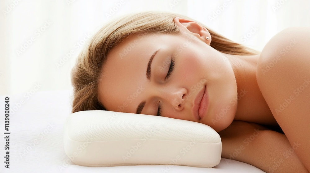 Obraz premium Serene young woman sleeping peacefully on a comfortable pillow.