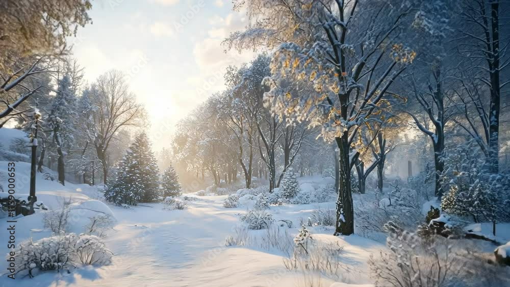 Winter Wonderland: A Sunlit Path Through a Snow-Covered Forest Winter Wonderland: A Sunlit Path Through a Snow-Covered Forest