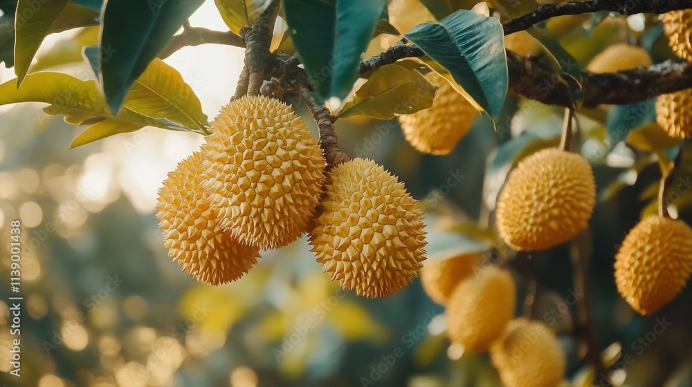 Close-up of ripe durian fruits hanging on a tree branch, bathed in sunlight. Close-up of ripe durian fruits hanging on a tree branch, bathed in sunlight.