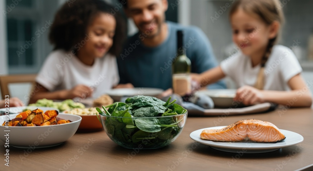 Family enjoying healthy dinner together with variety of foods