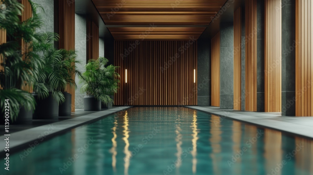 Fototapeta premium Experience a serene swim in a tranquil pool, a haven of fitness and calmness, where soft light dances on the water's surface This calming indoor pool invites you to unwind Escape to this peaceful