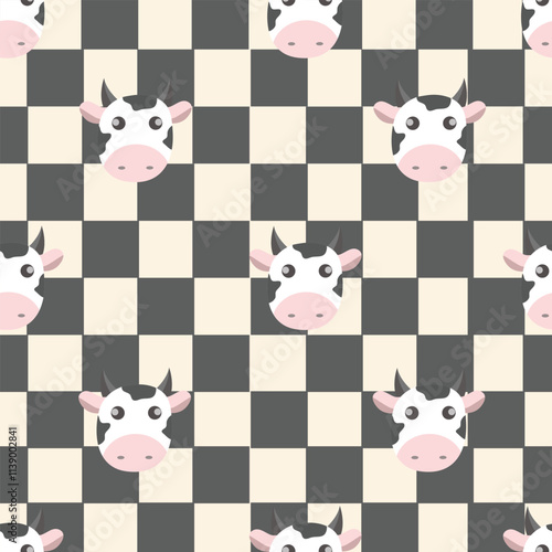Cute chess board seamless pattern with cute cow. Black. Art design checkered, checkerboard, chessboard. Abstract concept graphic element