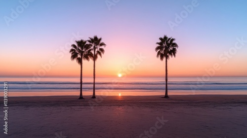 Fototapeta Naklejka Na Ścianę i Meble -  Experience the magic of a sunset beach with vibrant orange skies, where palm tree silhouettes dance against a tranquil horizon This Summer Vibes Scenery encapsulates the essence of peace and